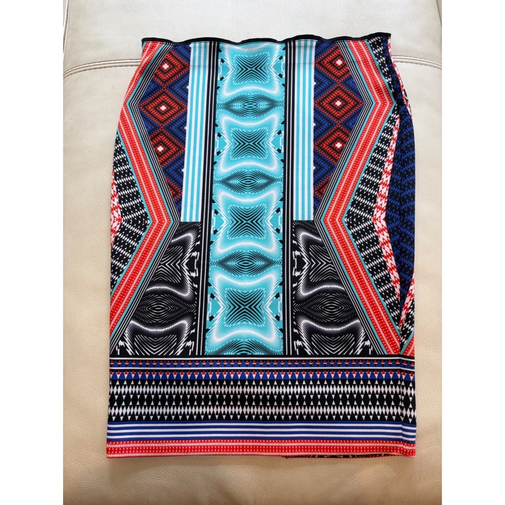 Bisou Bisou Michele Bohbot Geometric Tribal Print Pencil Skirt Turquoise Red XL